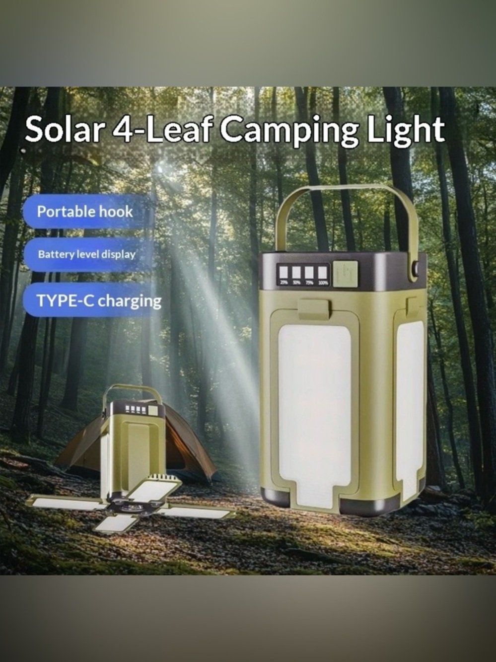 Solar LED Camping Lantern, 4 Leaf Hook Portable Rechargeable Tent Light Outdoor